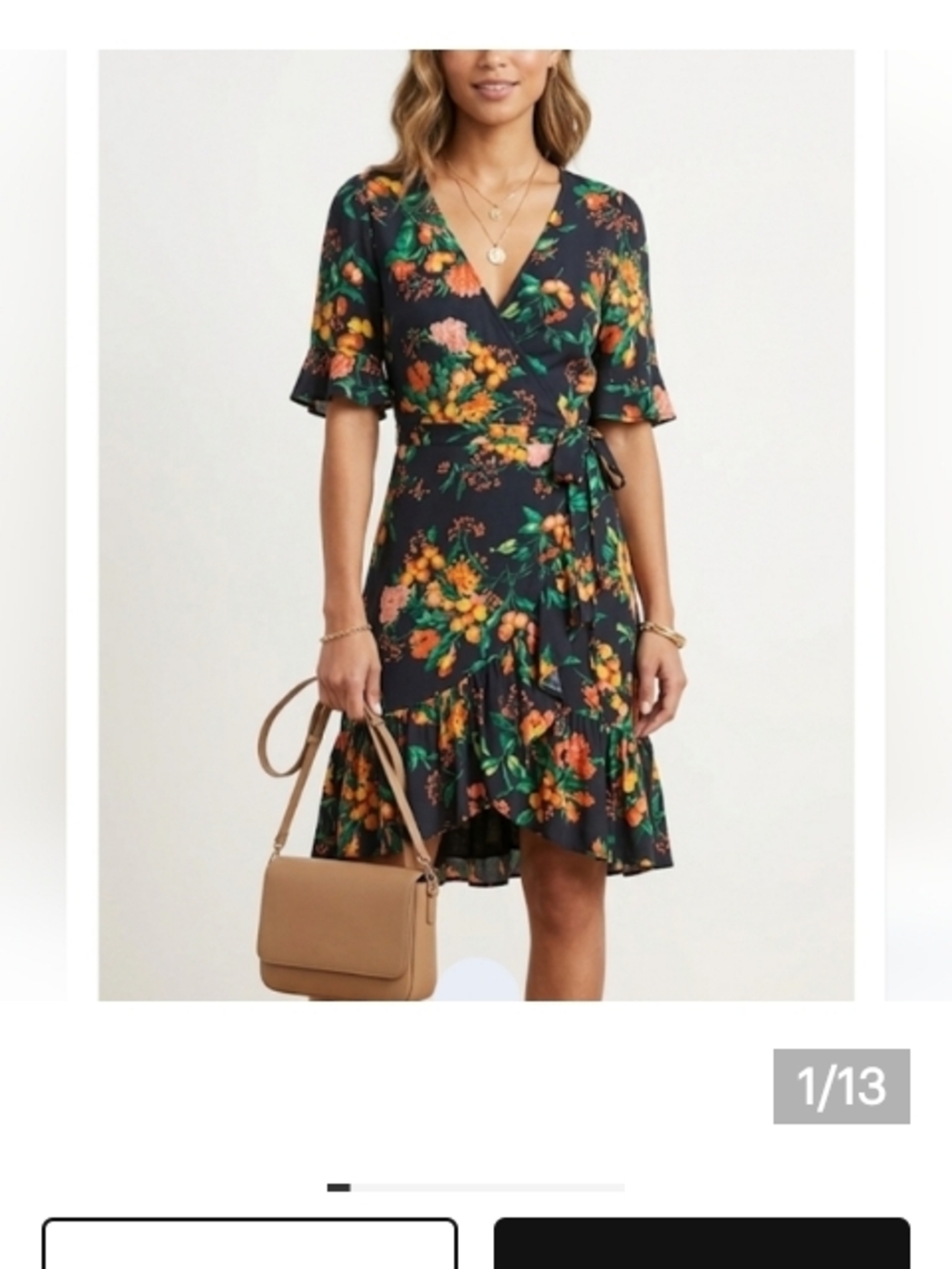 Zara Black Wrap Midi Dress with Orange & Green Floral Print